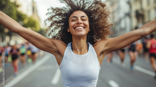 Energetic Female Runner with Curly Hair Joyfully Nearing the Finish Line at a City Race Event. Sports and Fitness Concept