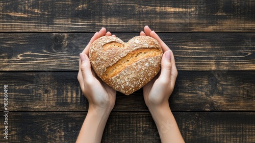 Female hands holding heart shape bread on dark wooden table