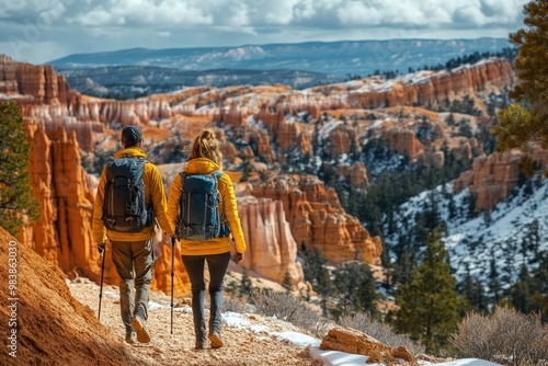 Two young women hiking in bryce canyon national park, utah