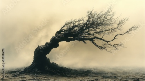 A twisted, barren tree stands amidst a foggy, desolate landscape.