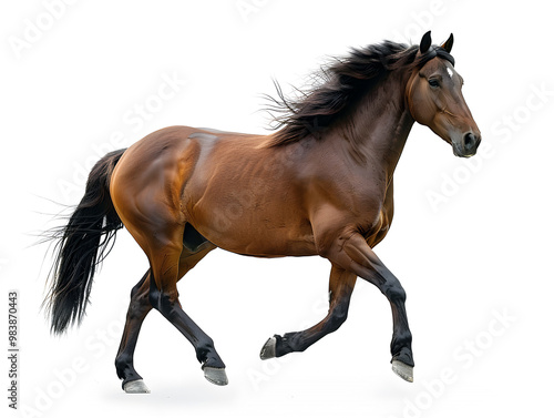 bay horse trotting isolated on white background