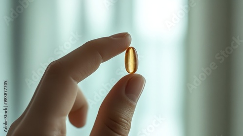 Hand Holding a Single Omega-3 Fish Oil Capsule, Health Supplement Concept