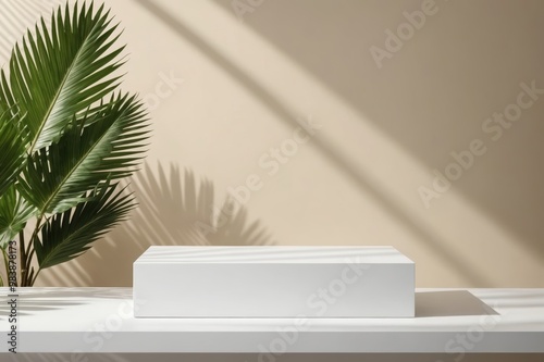 blank minimal white counter podium, soft beautiful dappled sunlight, tropical palm foliage leaf shadow on wall for luxury hygiene organic cosmetic, skincare, beauty treatment product background 3d