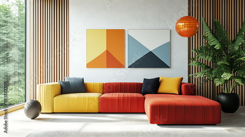 Colorful multicolored sofas, Minimalist interior design of modern living room with colorful multicolored sofa against concrete wall,Japandi, minimalist interior design of modern living room. Ai