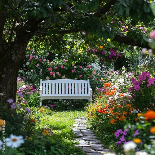 Lush garden in full bloom with a variety of colorful flowers, a white wooden bench under a flowering tree, serene garden setting