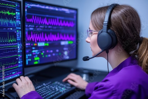 Lab technician using specialized software to interpret bioacoustic signals, surrounded by digital waveforms, [Technician, Signal, Software], [concept: bioacoustic data processing]