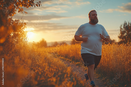 Obese man jogging in countryside during a beautiful sunset