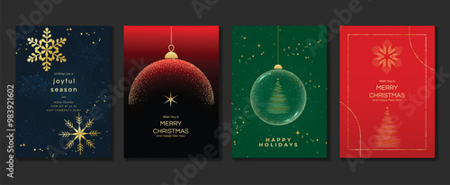 Luxury christmas invitation card art deco design vector. Christmas bauble, snowflake, tree in spot texture on green, navy blue and red background. Design illustration for cover, poster, greeting card.