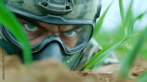 Airsoft Combat Strategy, A player strategically taking cover during an intense airsoft skirmish in a dynamic outdoor environment.