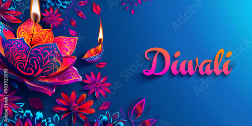 A vibrant Diwali greeting illustration with glowing lotus flowers and diyas. The intricate design and colorful palette symbolize joy, spirituality, and the vibrant culture of the festival of lights.