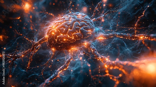 An artistic representation of MS lesions lighting up on a brain scan, showing the contrast between healthy and damaged tissue