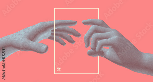 Hands reaching towards each other. Concept of human relation, togetherness or partnership. 3D vector illustration. Can be used for advertising, marketing or presentation.