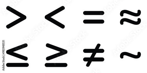 Comparison symbol vector icon set. Less, greater than or equal to, approximately equal to, not equal to, similar to, equal to.