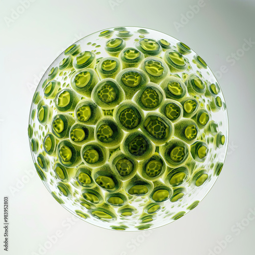 Microscopic Volvox Colony with Green Cells, Floating on White Background