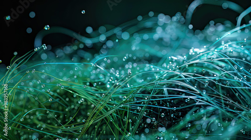 Microscopic Cyanobacteria Filaments, Air Bubbles Visible on Tube-Like Structures in Black