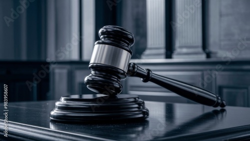 Elegant ebony gavel with a silver band resting on a matching base in a formal courtroom setting, symbolizing legal authority, justice, and the decision-making process