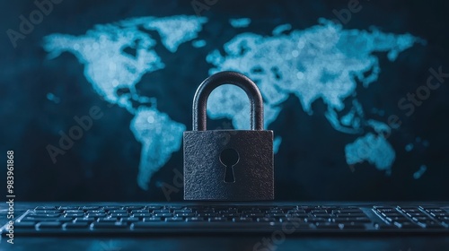 Padlock placed on a keyboard in front of a world map representing global cybersecurity and data protection concepts