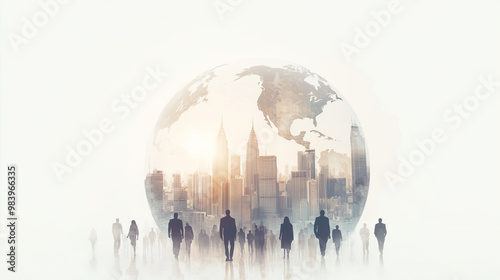 Abstract image of a globe with city skylines, transportation systems, and people silhouettes around it, representing global commerce, technology, and cultural exchange photo