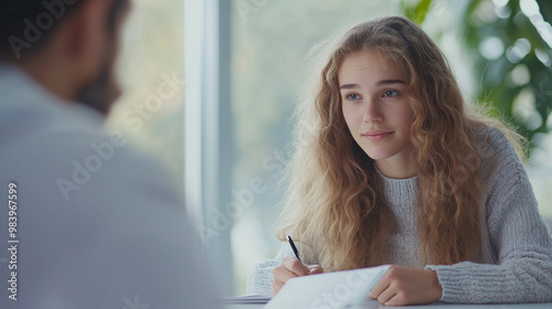 the moment of connection between a sad young woman and her psychologist, with the doctor’s attentive expression and a notepad in hand, conveying empathy and understanding in a tran