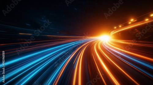 A captivating display of high-speed light streaks in blue and orange, creating a dynamic motion effect that evokes speed and energy during nighttime scenes