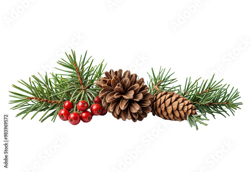 Christmas decoration of holly berry and pine cone isolated on white background