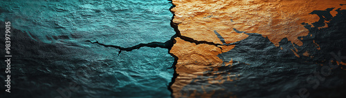 Aerial view of a dramatic geographical divide between land and sea, showcasing contrasting colors and textures in a rugged landscape.