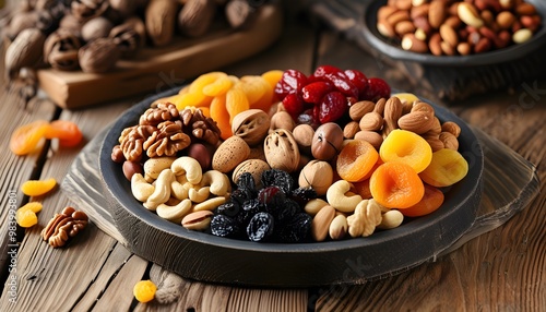 Rustic wooden table adorned with a vibrant plate of dried fruits and nuts, ideal for healthy snacking or elevating special occasions.