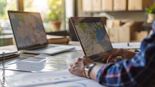 A logistics coordinator is reviewing routing software on laptop, surrounded by maps and documents, showcasing focused work environment.