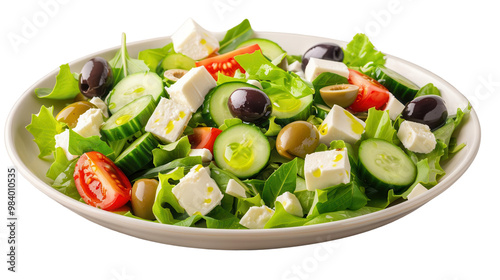 Fresh mixed salad with vegetables and feta cheese, white isolate background