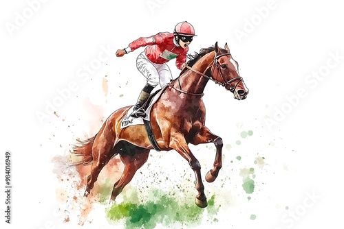 Watercolor Painting of a Jockey Riding a Horse in a Race.