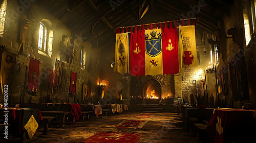 A Medieval Hall Decorated with Banners and a Fireplace with Flames Burning in the Background