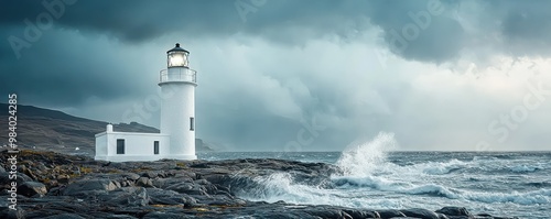 A minimalist off-white painted lighthouse on a remote rocky coastline, with waves crashing against the shore under a stormy sky