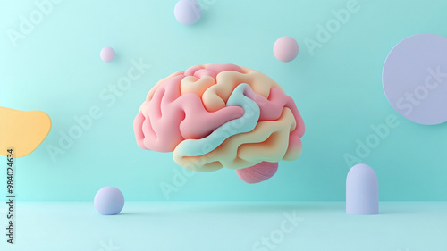 A colorful 3D render of brain surrounded by abstract shapes creates vibrant and imaginative atmosphere. This artistic representation highlights creativity and innovation