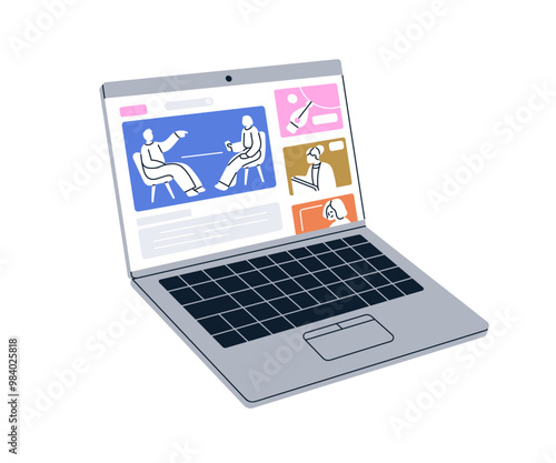 Laptop screen displaying online video interview, streaming content on digital platform. Internet web-site interface on notebok computer. Flat vector illustration isolated on white background