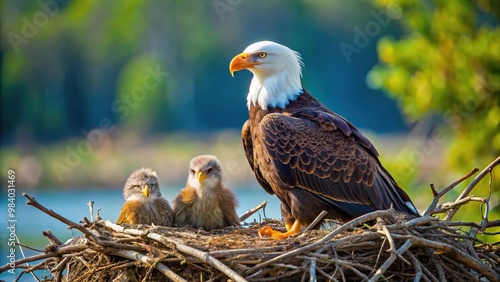 American Bald Eagle protecting her eaglet chicks in a nest