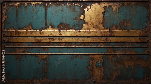 A rusted turquoise panel with peeling paint and golden accents, highlighting the distressed texture and industrial feel.