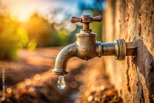 Antique spigot quenching the thirst of sunbaked earth, macro shot