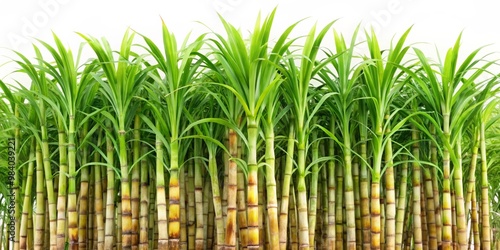 Close-up of a symmetrical sugarcane grove with vibrant green leaves and sharply focused stalks, featuring color gradation from bright green to warm yellow-brown against a bright