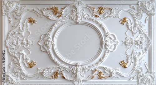 A white and gold framed oval with intricate designs. The oval is surrounded by a white frame with gold accents, giving it a luxurious and elegant appearance. The design of the oval