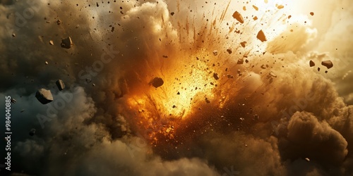 A large explosion is depicted in the sky, with a lot of debris and rocks scattered around. Scene is intense and chaotic, as the explosion has caused a lot of destruction