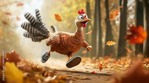 A joyful turkey in running shoes sprinting through a forested trail