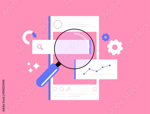 Social media SEO - boost visibility and attract more users. Social media optimization content, alt text to posts, using seo relevant hashtags. Descriptive captions with keywords. Vector illustration