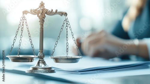 A close-up view of a justice scale symbolizing law and balance, with a professional working in the background.