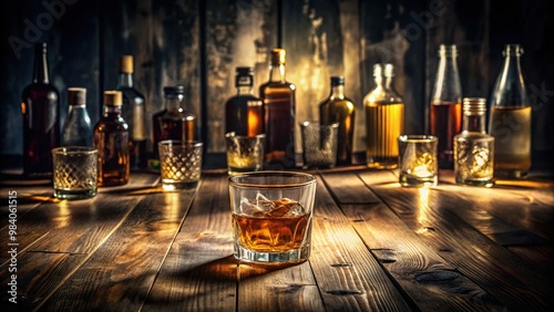 A solitary glass of whiskey sits on a dimly lit, cluttered table, surrounded by empty bottles and shadows, conveying a sense of melancholic isolation.