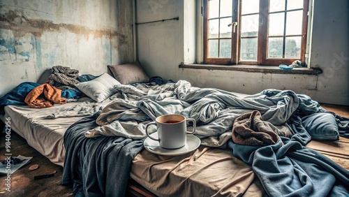 A worn, overcast morning scene featuring a rumpled, unmade bed, surrounded by scattered clothes and abandoned morning coffee, exuding a sense of lethargy and apathy.