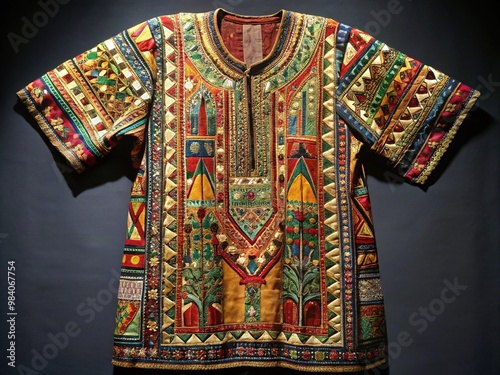 Multicolored tunic adorned with shimmering gemstones and intricate embroidery, evoking the majesty of biblical tales and the glory of ancient civilizations.