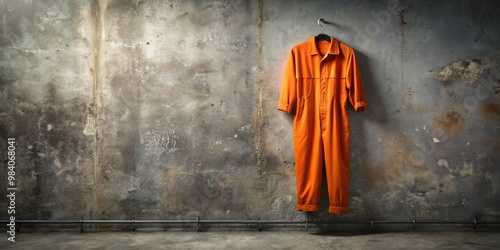 Orange jumpsuit with horizontal stripes, worn and faded, hangs on a rusted metal hanger against a drab, gray concrete background, evoking a sense of confinement.