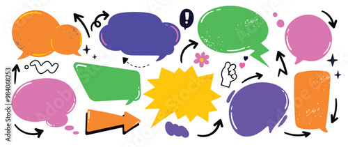 Cute hand drawn arrows and speech bubble vector set.