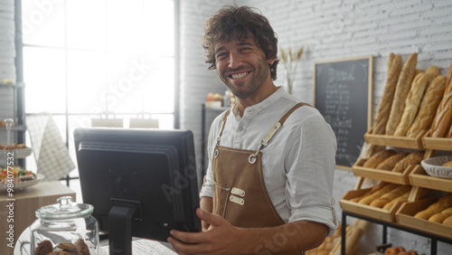 Young man with apron smiling in a bakery shop with bread displayed in the background