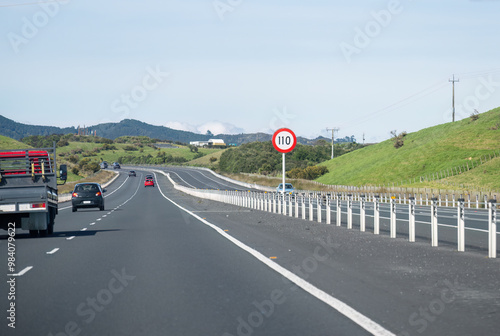 110 km/h road sign at Waikato Expressway. New Zealand.